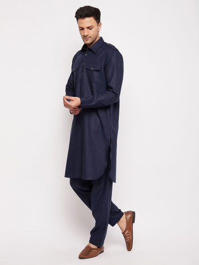 Men's Blue Cotton Blend Pathani Pathani Kurta Set