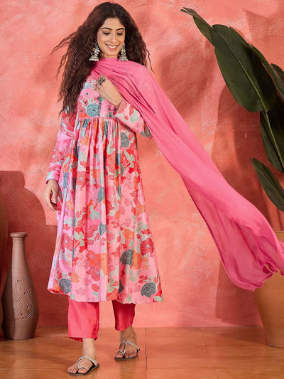 Indyancart SN Women's Floral Printed Anarkali Kurta Set with Dupatta
