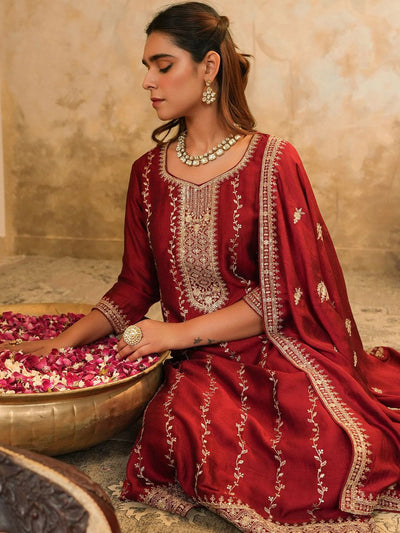 Indyancart IE Women Ethnic Motifs Embroidered Sequinned Kurta with Trousers & Dupatta