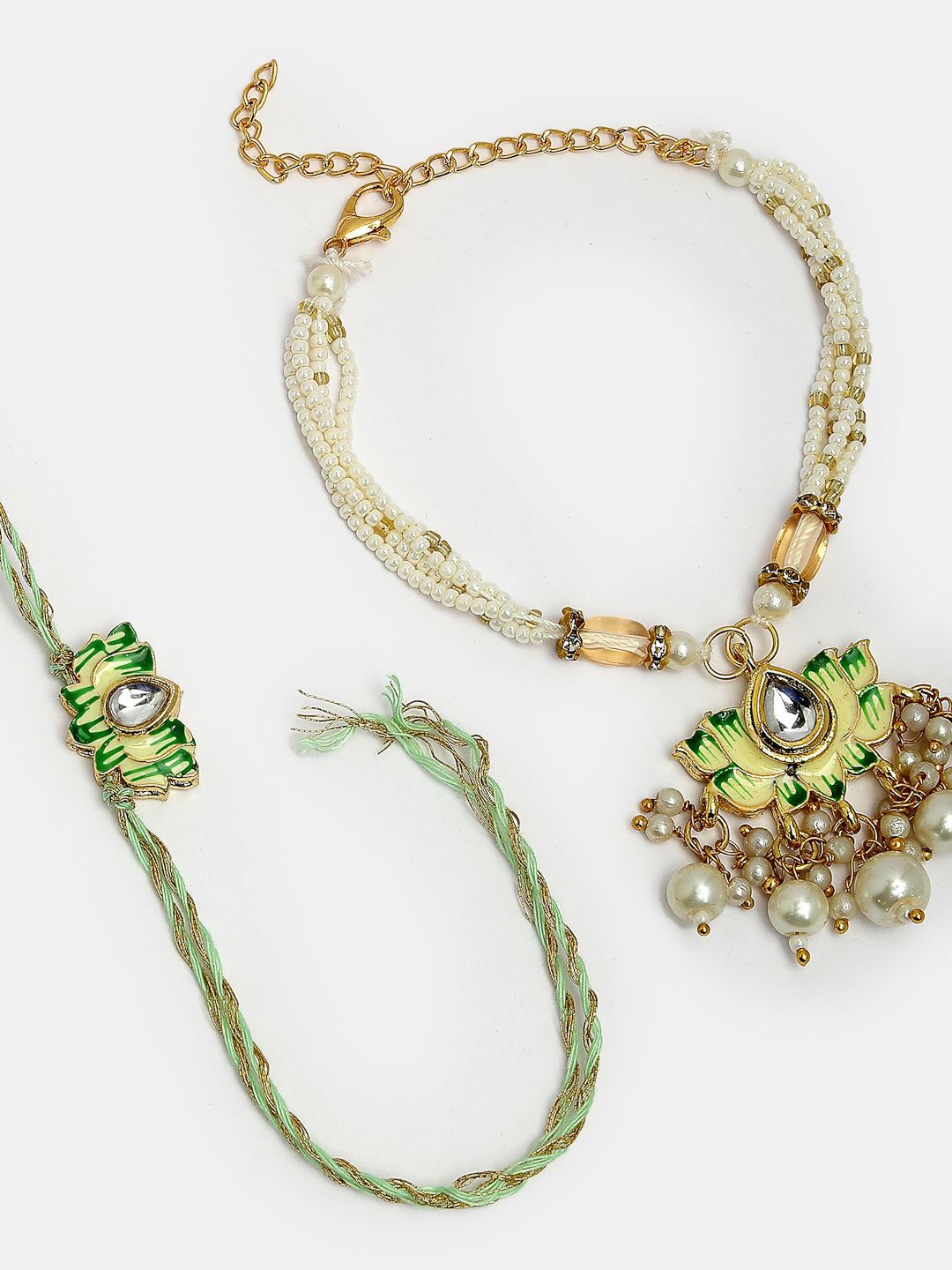 Anouk Unisex Set Of 2 Green Lotus Shape Kundan-Studded & Beaded Wraparound Rakhi Set