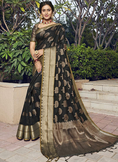 Indyancart GR Women's Yashomati Leather Black Zari Woven Design Chanderi Cotton Saree