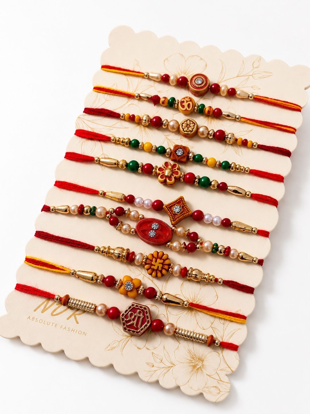 Anouk Set Of 10 Artificial Stones & Beads Thread Rakhi With Roli Chawal Chandan Mishri