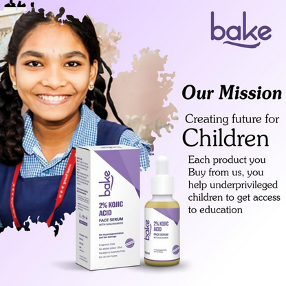 Bake 2% Kojic Acid face serum with Niacinamide in a clear dropper bottle, showcasing its sleek packaging and serum inside.