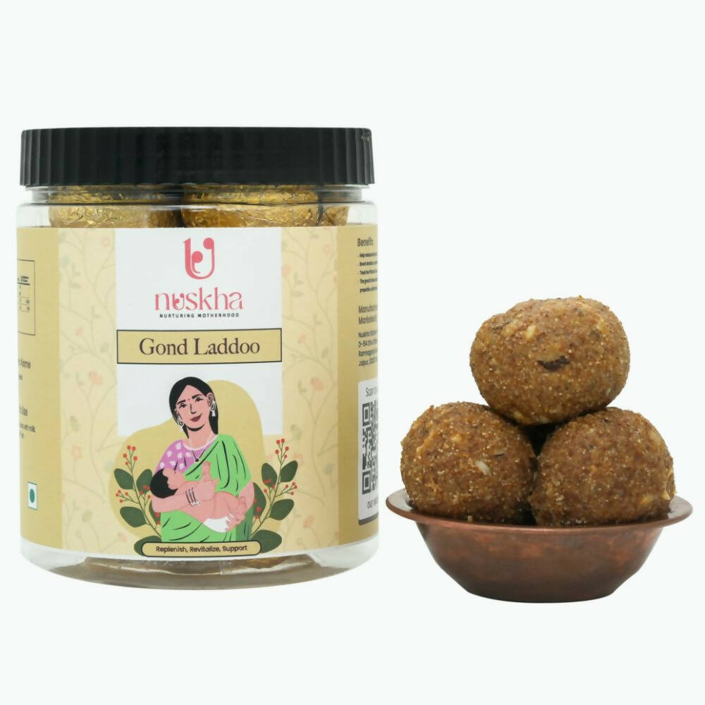 Nuskha Gond Laddoo, North Indian sweets, traditional post-pregnancy energy laddoo with gond and nuts in a bowl.