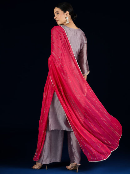 Indyancart VA Floral Yoke Design A-Line Kurta With Palazzos & Dupatta