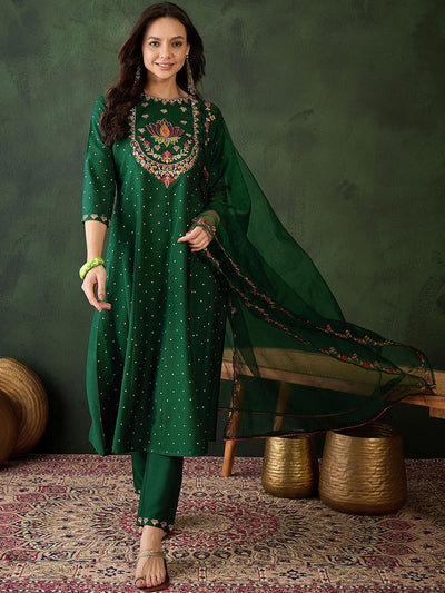 Indyancart SN Women's Floral Embroidered Zari Sequence A Line Kurta & Trouser With Dupatta
