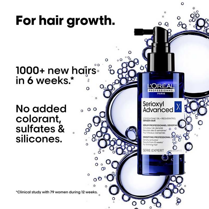 L’Oreal Paris Serioxyl Advanced Density Activator hair serum bottle with applicator tip for thinning hair treatment.
