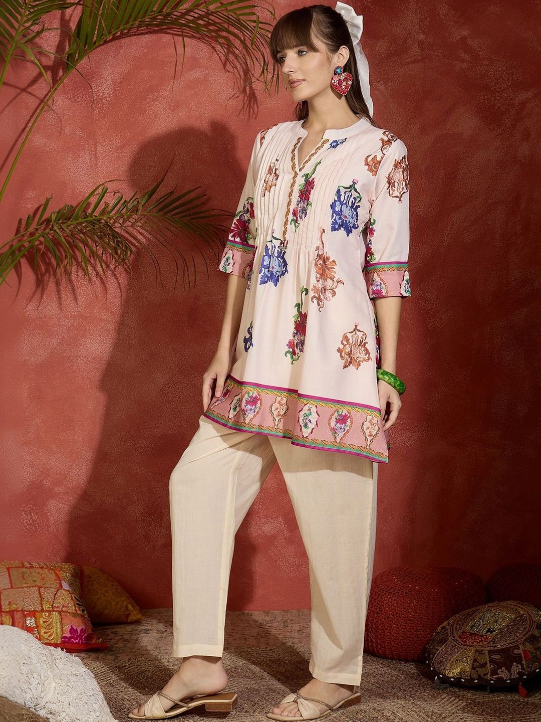 Women Ethnic Motifs Printed Regular Thread Work Pure Cotton Kurti with Trousers