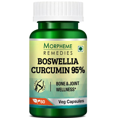 Morheme Remedies Boswellia Curcumin 95% Veg capsules, green capsule bottle with label, close-up of capsules and label details