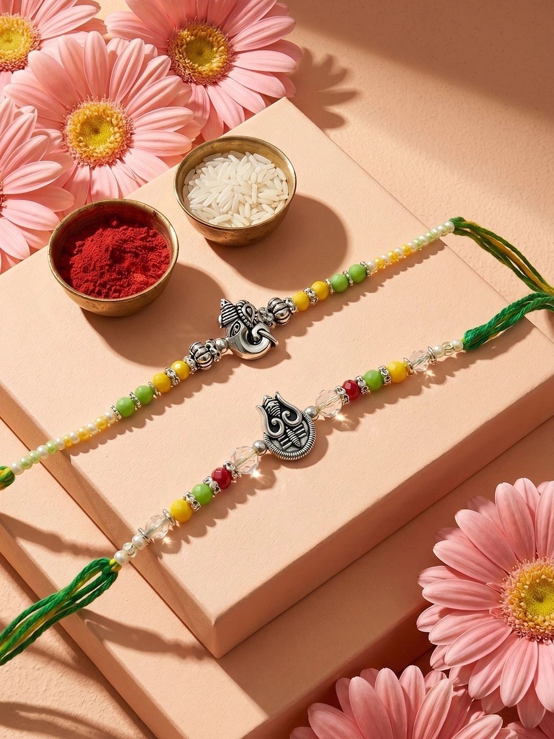 Anouk Set Of 2 Multicolor Religious Thread Rakhi With Roli Chawal Chandan Mishri