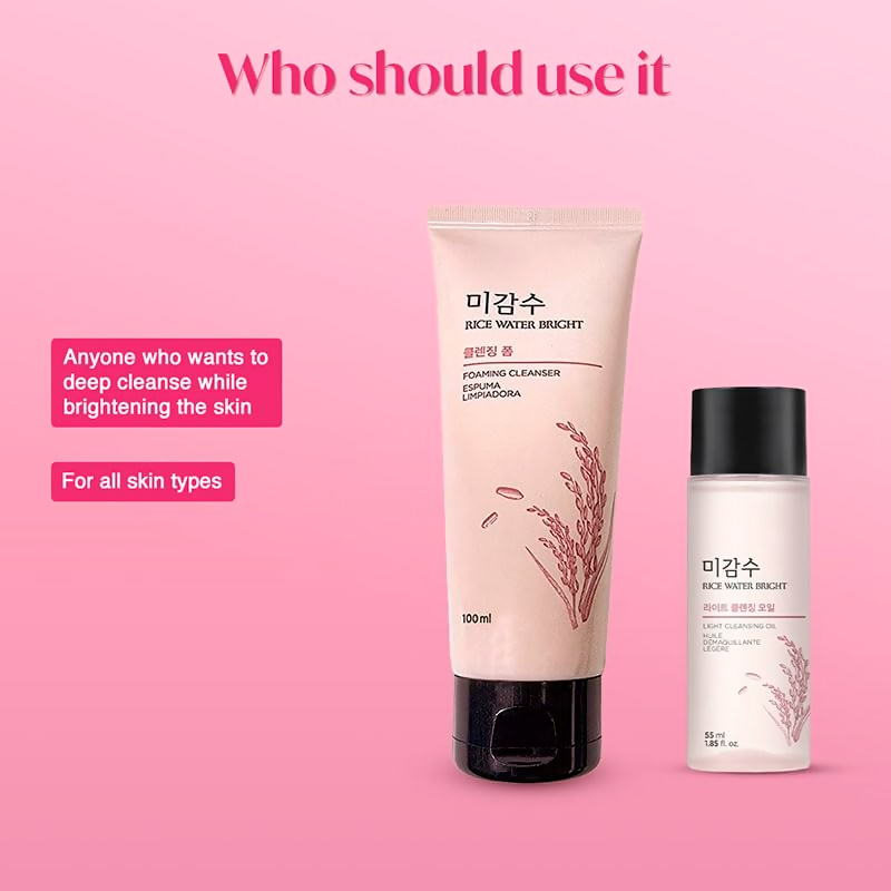 The Face Shop 2 Step Rice Water Bright Kit featuring a face wash and skincare products for brightening and cleansing skin.
