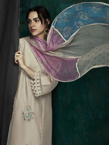Indyancart IE Floral Embroidered V-Neck Thread Work Straight Kurta With Trousers & Dupatta
