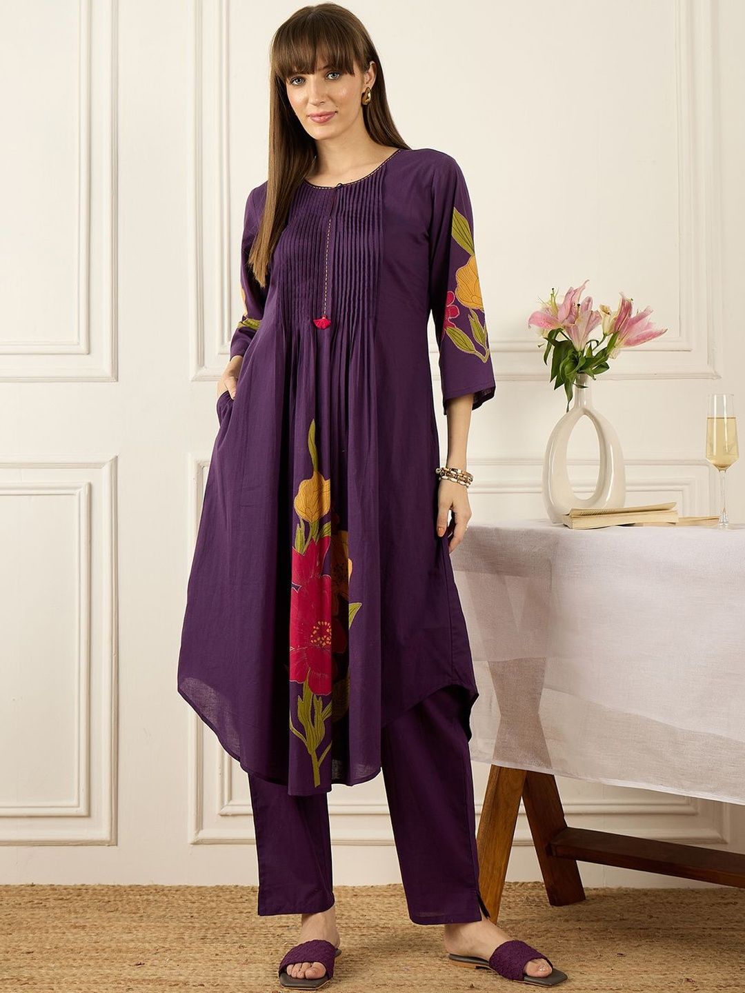 Floral Printed Thread Work Pure Cotton Kurta With Palazzos