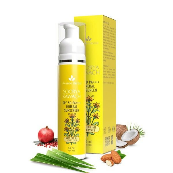 Avimee Herbal Suncreen SPF50 PA++++ for all skin types, showing the tube with herbal ingredients and sun protection label.