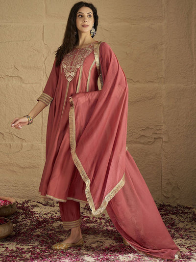 Indyancart VA Women's Ethnic Motifs Embroidered Panelled Kurta with Trousers & Dupatta
