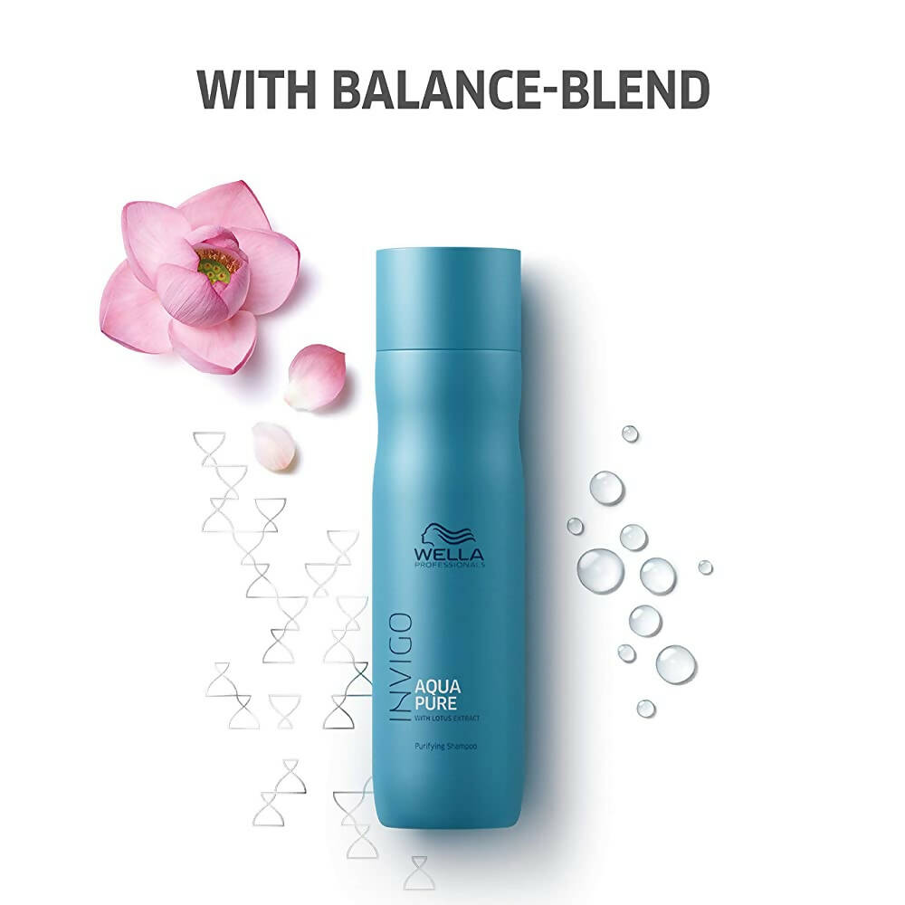 Wella Professionals INVIGO Balance Aqua Pure Purifying Shampoo bottle, clear liquid shampoo in a sleek white and blue packaging