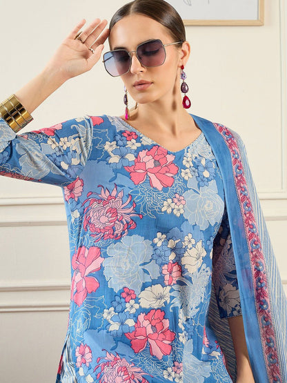 Dhiyona IE Floral Printed Pure Cotton Kurta With Trousers & Dupatta