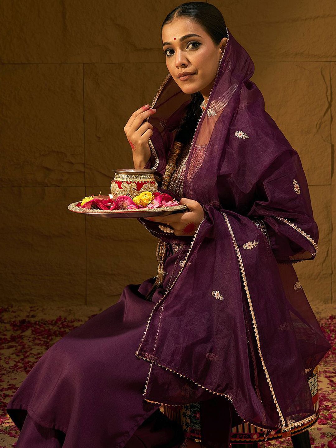 Indyancart IE Burgundy Floral Embroidered Straight Kurta with Trousers & Dupatta