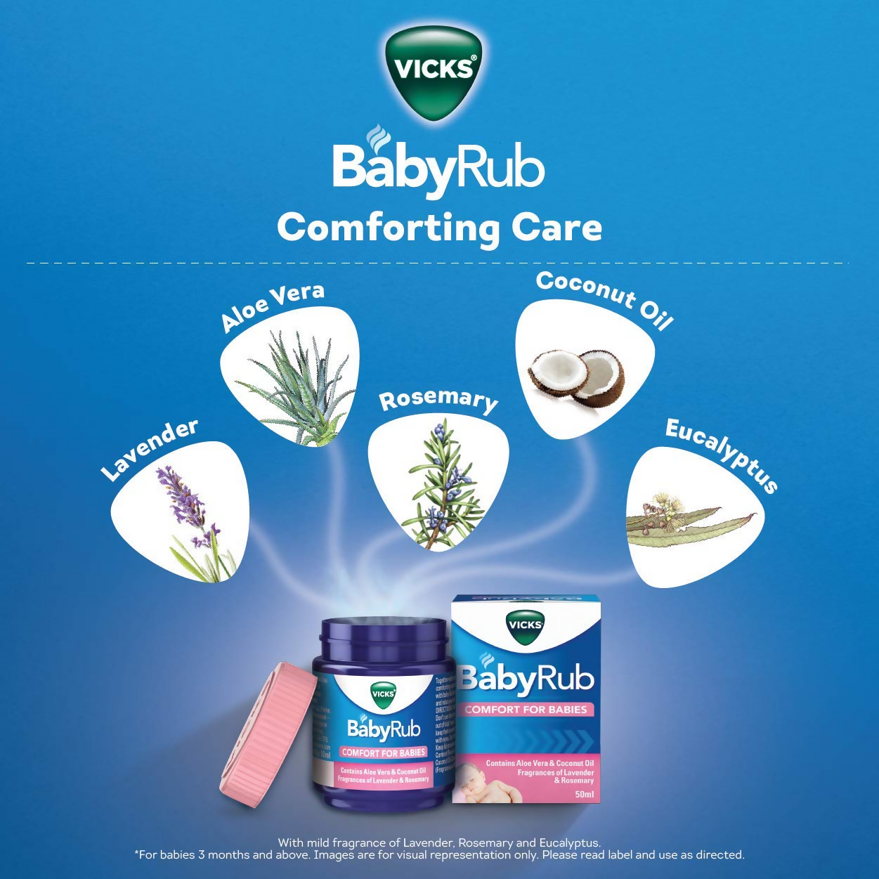 Vicks BabyRub Ayurvedic balm for babies, showing a jar of Vicks BabyRub with gentle herbal ingredients on the label.