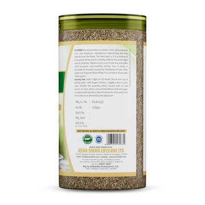 Jeena Sikho 32 Herbs Herbal Tea for natural body detox, featuring a blend of herbal ingredients in a tea bag.