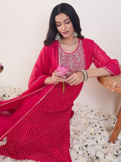 Indyancart IE Leheriya Printed Regular Sequinned Kurta With Trousers & Dupatta