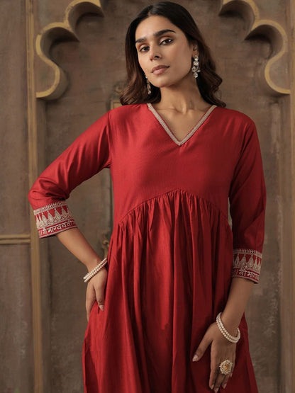 Women Solid A-Line Kurta with Trousers