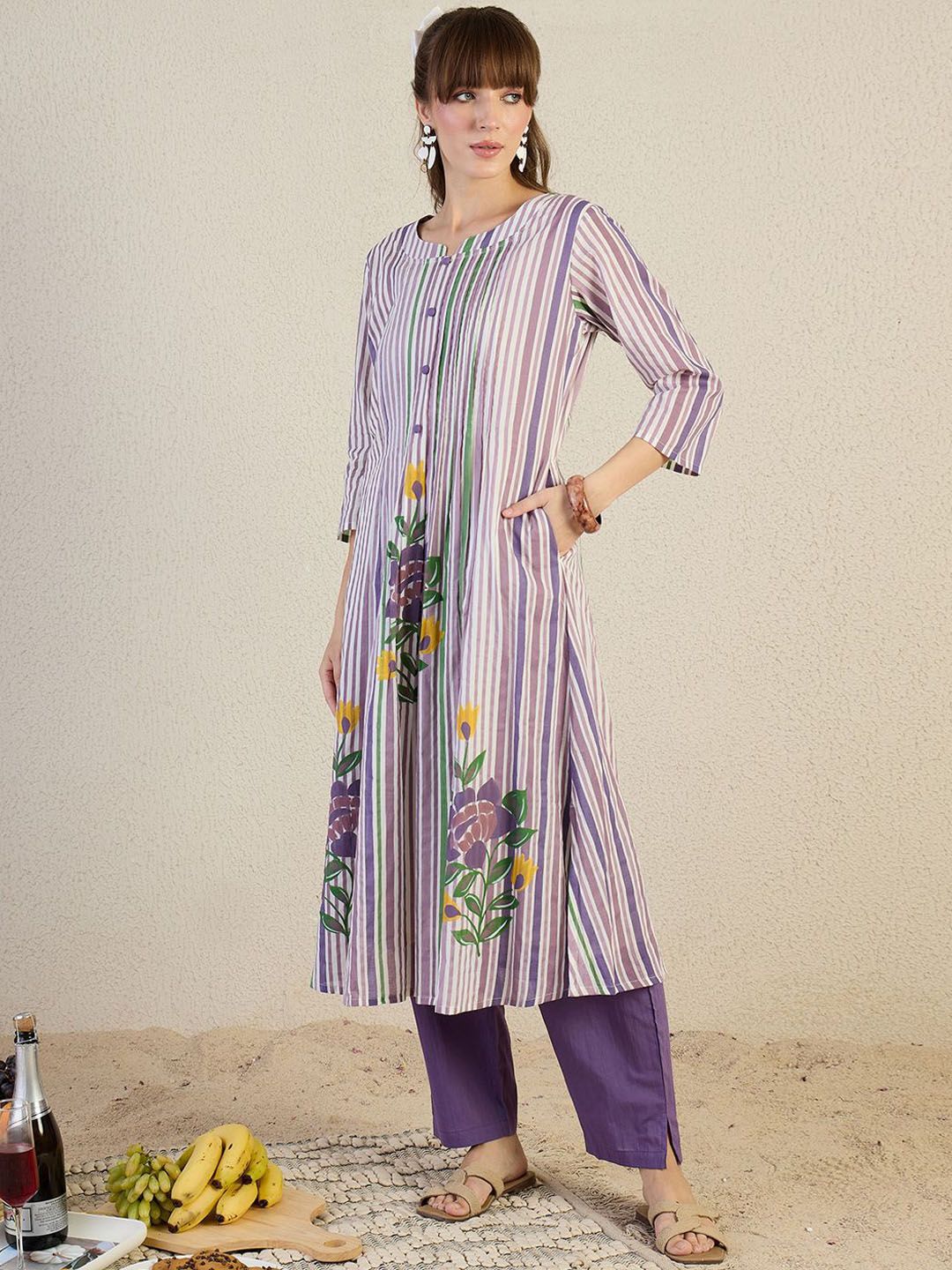 Striped Pure Cotton A-Line Kurta With Trousers