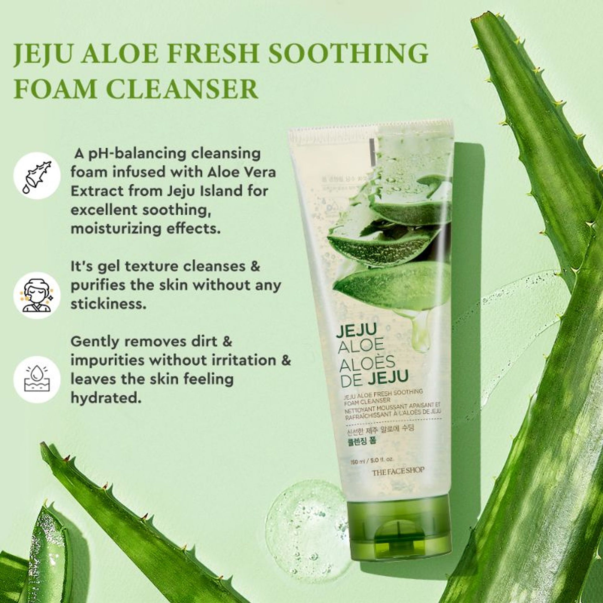 The Face Shop Jeju Aloe Fresh Soothing Foam Cleanser, Gel To Foam Hydrating & Cooling Face Wash