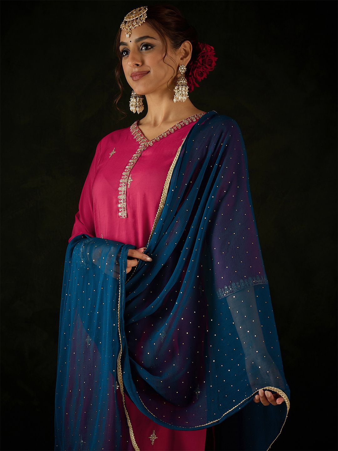Indyancart IE Women Ethnic Motifs Embroidered Regular Kurta with Trousers & With Dupatta