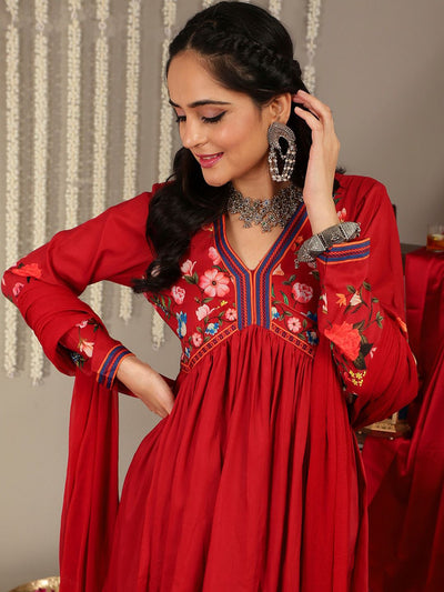 Indyancart VA Women'sFloral Printed V-Neck Empire A-Line Kurta & Trousers With Dupatta