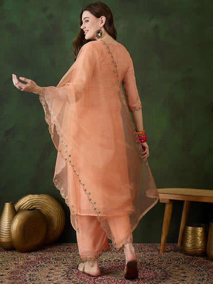 Indyancart SN Women's Peach Floral Embroidered Zari Straight Kurta With Trouser And Dupatta