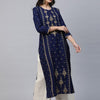 Dhiyona IE Women Blue & Gold-Toned Printed A-Line Kurta