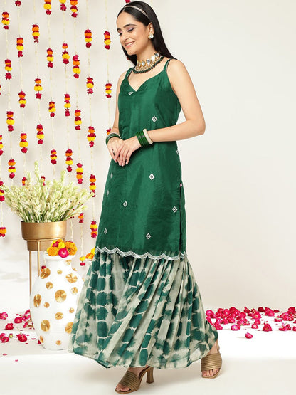 Indyancart VA Women'sEthnic Motifs Embroidered Sleeveless Kurta & Sharara With Dupatta