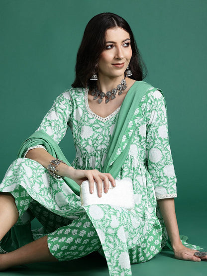 Indyancart IE Floral Printed Empire Mirror Work Pure Cotton Kurta with Trousers & Dupatta