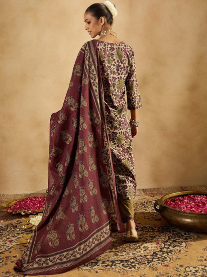 Indyancart IE Floral Printed Regular Pure Cotton Straight Kurta With Trousers & Dupatta