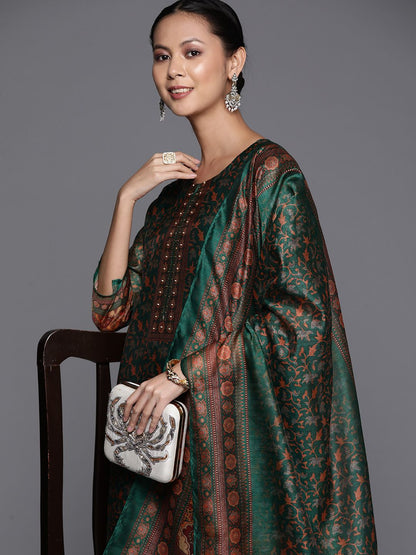 Indyancart VA Women'sEthnic Motifs Printed Sequinned Chanderi Cotton Kurta with Trousers & Dupatta