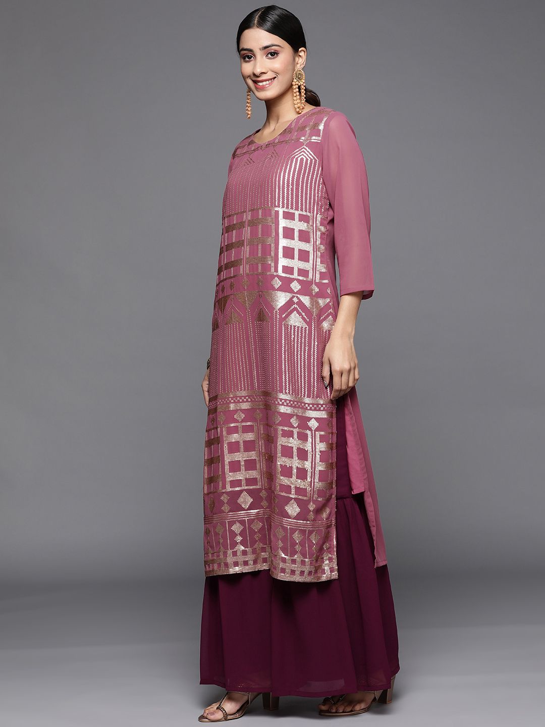Indyancart VA Women's Embroidered Sequinned Kurta With Sharara & Dupatta