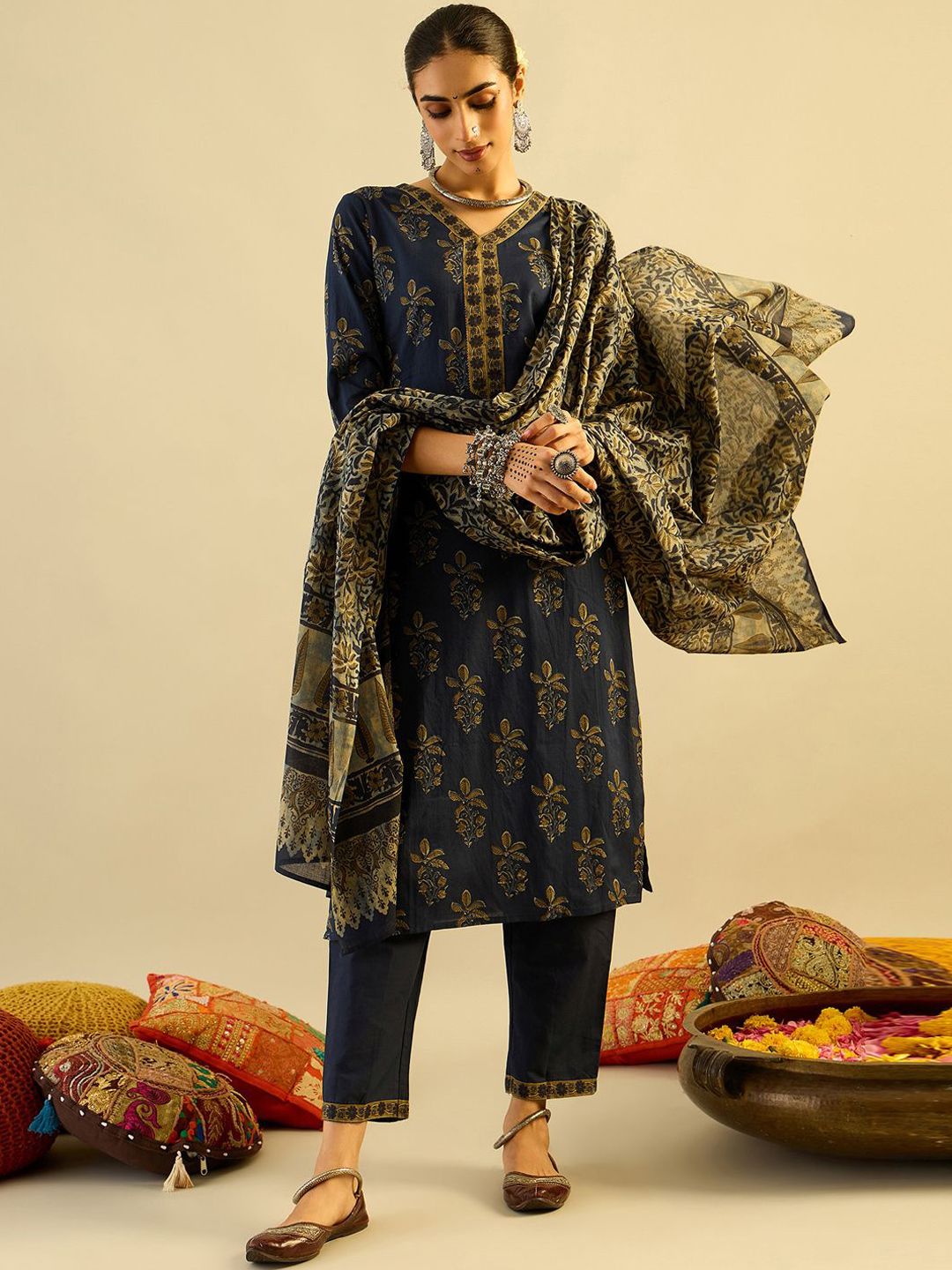 Dhiyona IE Navy Blue Floral Printed V-Neck Pure Cotton Kurta with Trousers & Dupatta