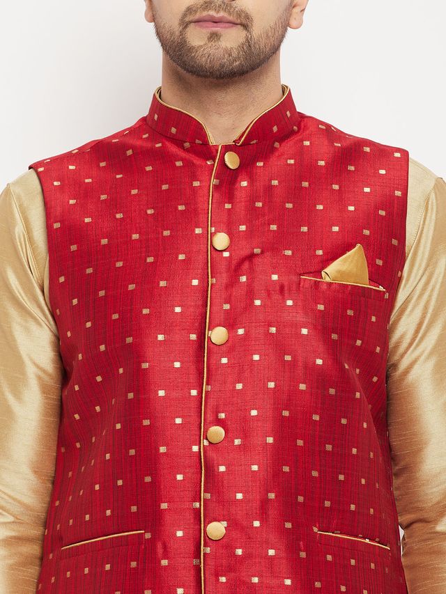 Men's Gold Silk Blend Straight Jacket  Kurta and Dhoti Set