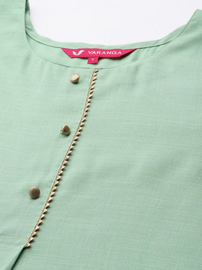 Indyancart VA Women's Green Solid Gotta Patti Detail Empire Kurta with Palazzos & With Dupatta