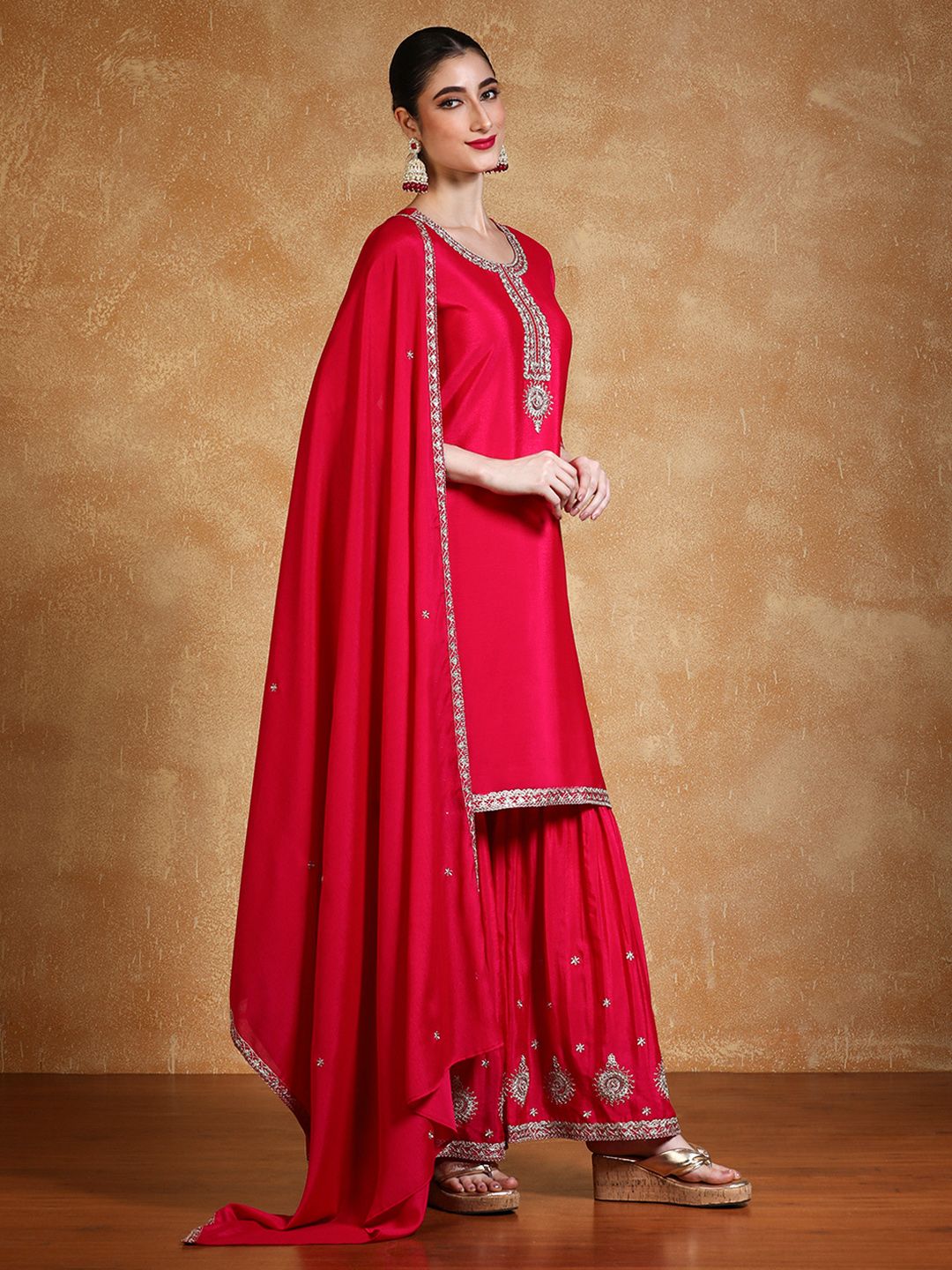 Indyancart VA Women Floral Embroidered Kurta with Sharara & Dupatta