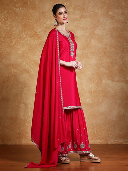 Indyancart VA Women Floral Embroidered Kurta with Sharara & Dupatta
