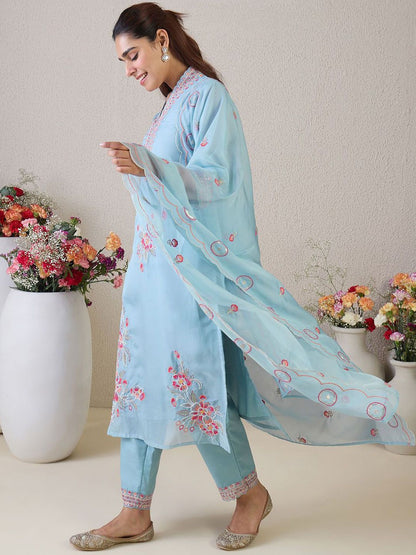 Indyancart IE Floral Embroidered V-Neck Thread Work Straight Kurta & Trousers & Dupatta
