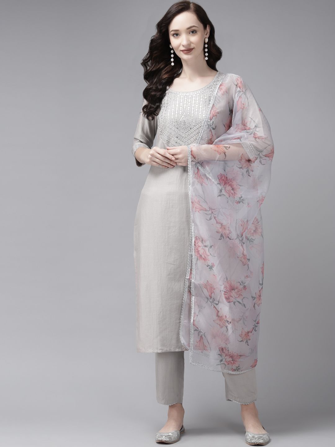Indyancart IE Women Grey Ethnic Motifs Yoke Design Regular Kurta with Trousers & With Dupatta