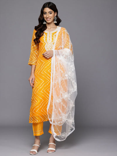 Indyancart VA Women'sPrinted Thread Work Sequinned Kurta With Trousers & Dupatta