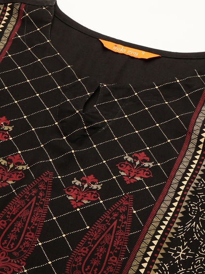 Indyancart IE Women Black & Maroon Floral Print A-Line Kurta