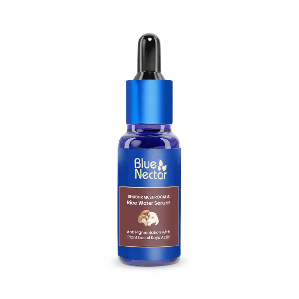 Blue Nectar Kojic Acid face serum with rice water and mushroom for pigmentation, shown in a clear glass bottle with dropper.