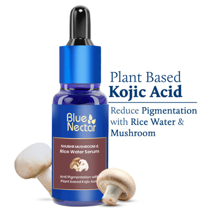 Blue Nectar Kojic Acid Face Serum with rice water and mushroom for pigmentation, shown in a clear glass bottle with dropper.