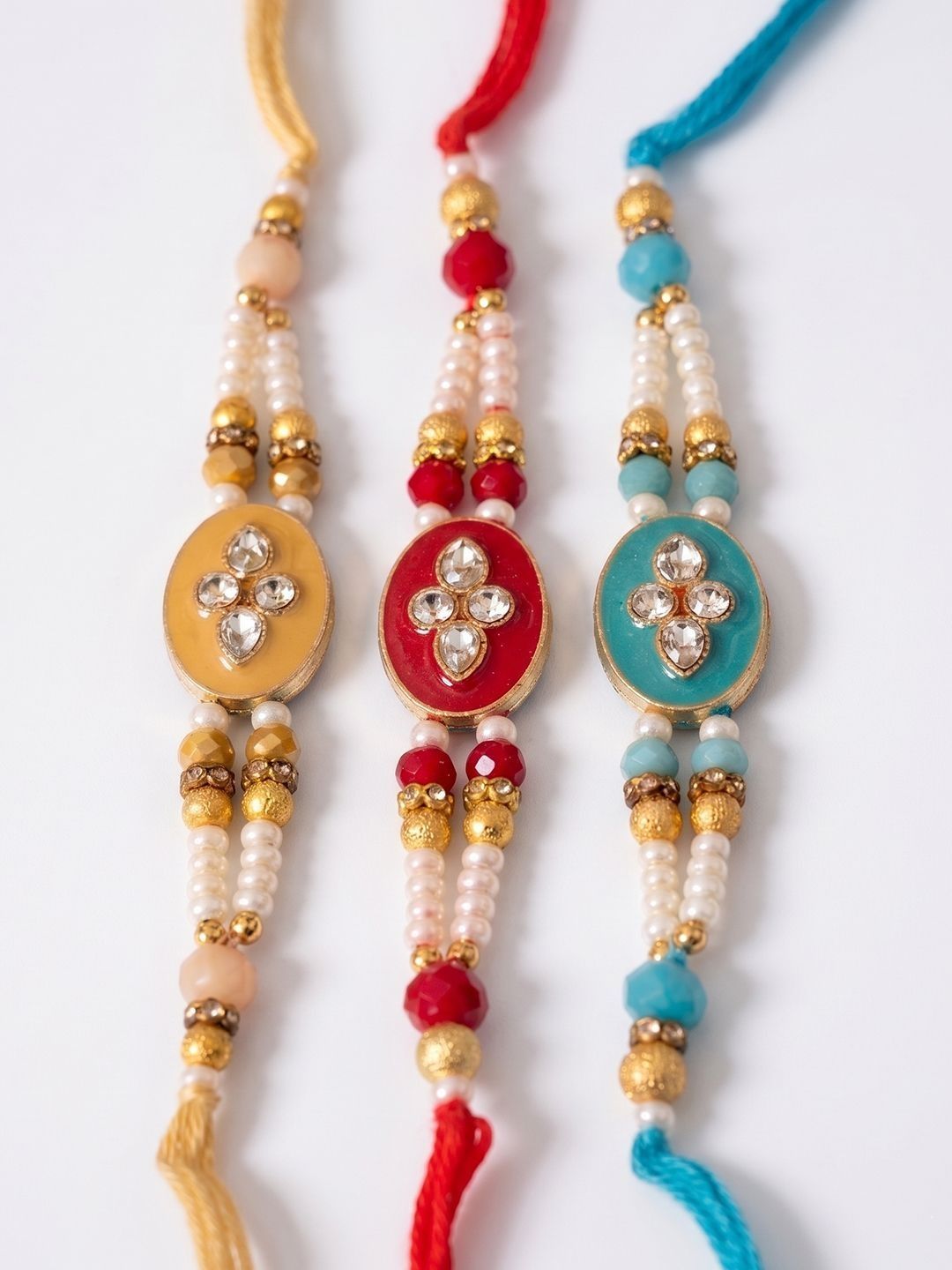 Anouk Set Of 3 Multicolor Artificial Beads & White Pearls Thread Rakhi With Roli Chawal