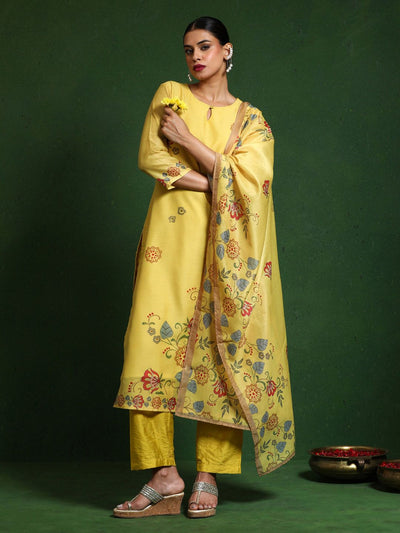Indyancart VA Women'sFloral Embroidered Sequinned Chanderi Silk Kurta with Trousers & Dupatta